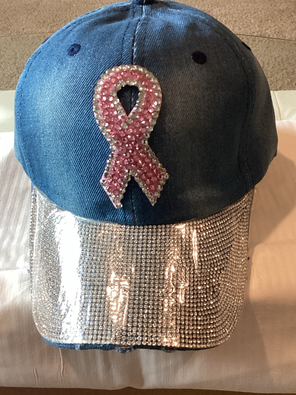 Blue Distressed Denim Cap with Pink Ribbon and Silver Crystal Visor